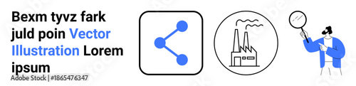 Digital communication, environmental awareness, data analysis, teamwork, research, connectivity. Share icon, factory emitting smoke person holding magnifying glass. Digital communication