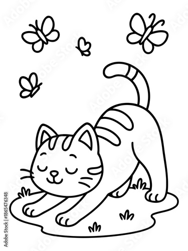 Playful Kitten and Butterflies: A charming illustration showcases a playful kitten, stretching and frolicking amidst the flutter of three delicate butterflies.
