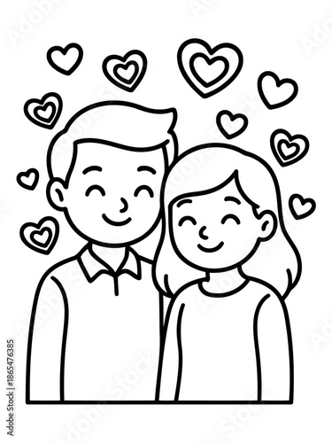 Couple Embracing Love: A joyful couple, surrounded by delicate hearts, radiates the warmth of their affection. It's a symbol of love's purest form.