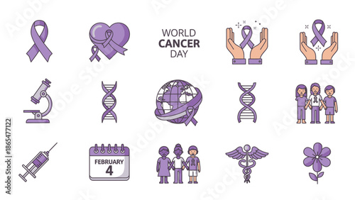 World Cancer Day Icons: Awareness Ribbons, DNA, Globe, Syringe, Calendar, Caduceus
