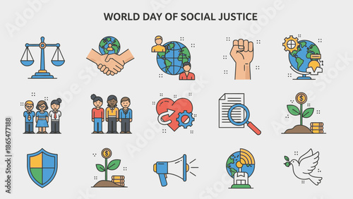 World Day of Social Justice Icons: Equality, Diversity, Human Rights, Peace