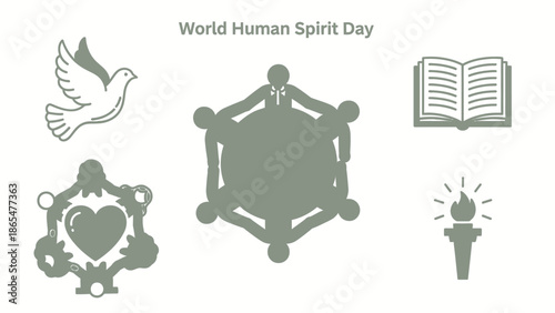 World Human Spirit Day Icons: Dove, Unity Circle, Open Book, Heart, Torch
