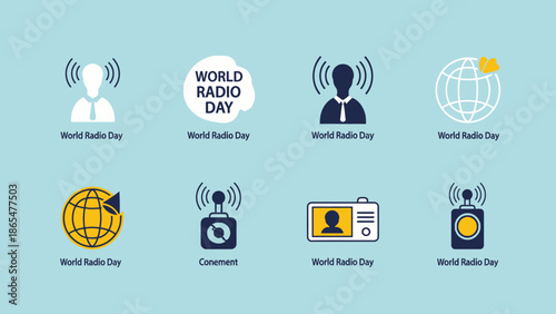 World Radio Day Icons: Broadcast, Globe, Communication, Technology, Media