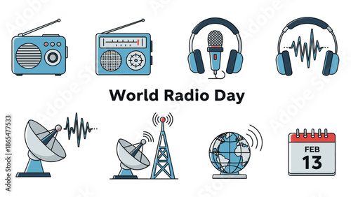 World Radio Day Icons: Radios, Headphones, Satellite Dish, Transmitter, Globe, Calendar