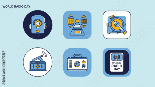 World Radio Day Icons: Vintage & Modern Broadcast Equipment Flat Design