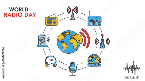 World Radio Day Vector Illustration: Global Broadcasts, Antennas, Radios, and Microphones