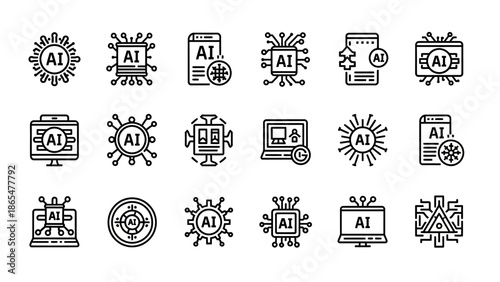 Artificial Intelligence AI Icons Set Illustration.