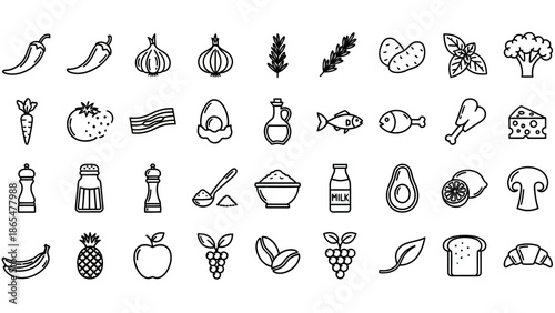 Assorted Food Icons in Black and White.