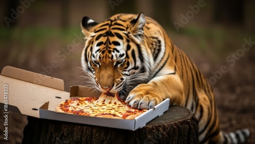 tiger eating pizza in a forest