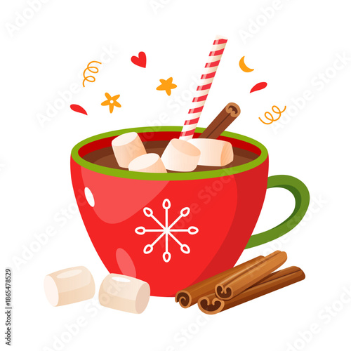 Festive Red Mug of Hot Cocoa with Marshmallow, Striped Straw and Cinnamon Sticks on White Background with Decorative Elements, Cozy Winter Drink Illustration.