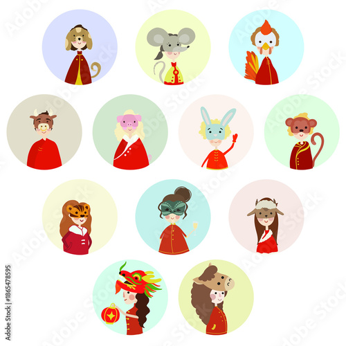 Chinese Zodiac Signs Avatar Icon Set isolated on white background