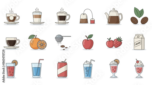 Collection of Beverage Icons and Drinks.