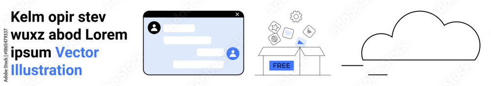 Obraz premium Cloud storage, digital content, interface design, free access tools, user interaction, file sharing. Cloud with data box and free icons. Cloud storage and digital content