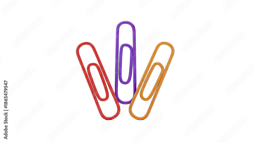 Fototapeta premium Three Colorful Paperclips on a White Background