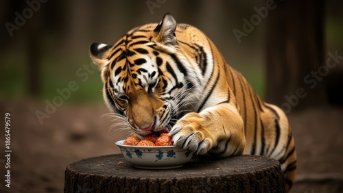 tiger eating meatball in a forest