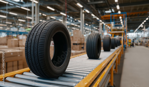 Wallpaper Mural Used car tires moving on automated conveyor belt system inside modern industrial tire manufacturing factory Torontodigital.ca