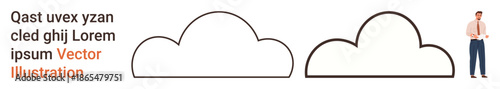 Cloud computing, data storage, business concepts, digital communication, branding, design templates. Two cloud outlines with placeholder text and a man in formal attire. Cloud computing and business