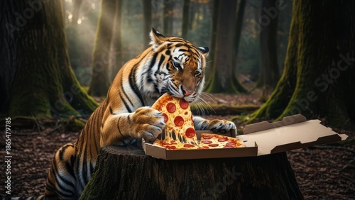 tiger eating in a forest