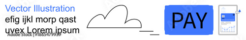 Digital payments, cloud technology, fintech, mobile transactions, financial apps, online shopping. Cloud icon, smartphone displaying analytics and bold payment button. Digital payments and cloud