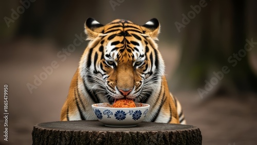 tiger eating meatball in a forest