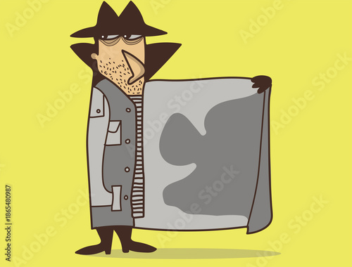a man wearing a black suit with a strange look, art work, painting, vectors ilustration, comic, story telling