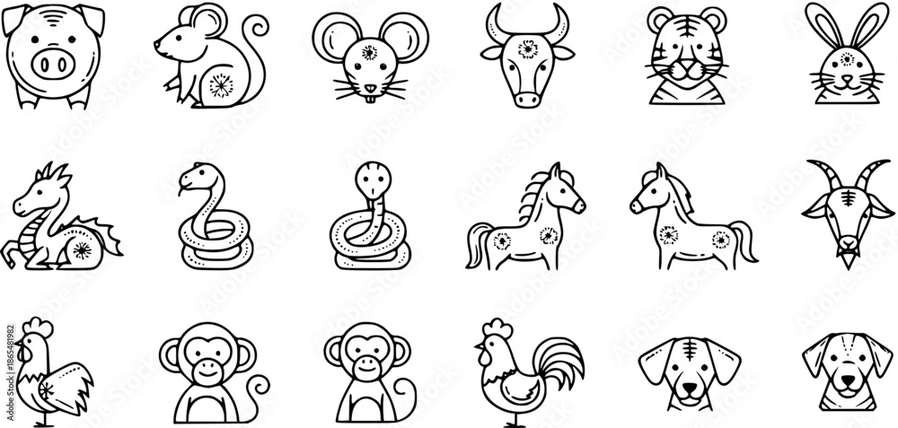 Obraz premium Line Art Icons Set of the 12 Chinese Zodiac Animals. Outline Horoscope Symbols.