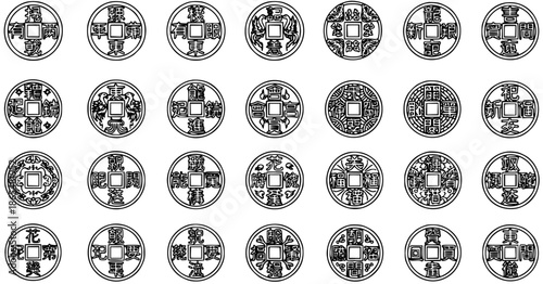 Ancient Chinese Coins with Square Holes - Line Art Collection