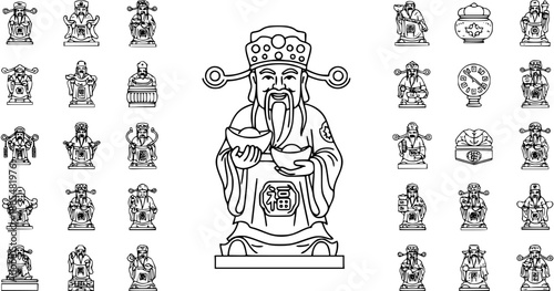 Outline Vector Set of Chinese Deities, God of Wealth, and Fortune Symbols