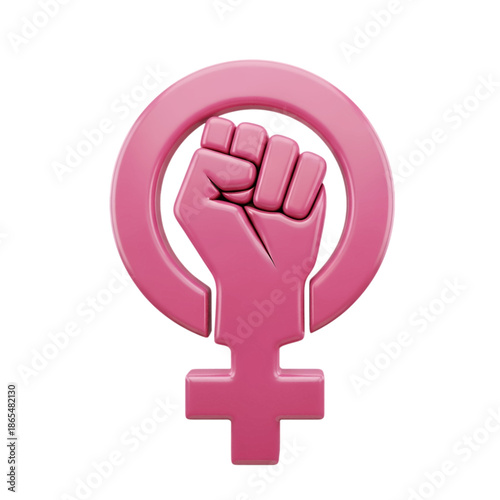 Pink 3D feminist symbol with a raised fist, representing women's empowerment, gender equality, and female strength, isolated on transparent background.