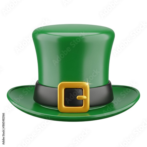 A vibrant green leprechaun top hat with a gleaming gold buckle and black band, perfect for St. Patrick's Day celebrations, isolated on transparent background.