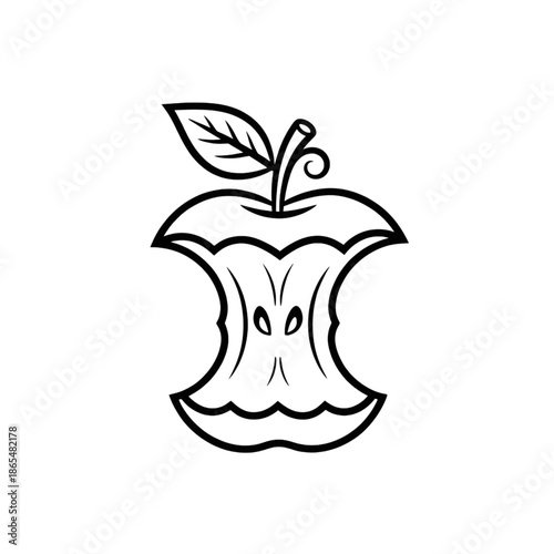 hand drawn apple core line art illustration with leaf and seeds