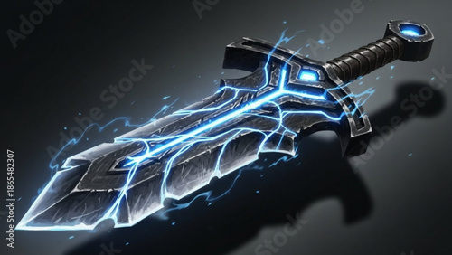 Fantasy sword with glowing blue energy and dark metallic blade on dark background