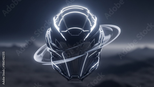 Futuristic astronaut helmet with glowing neon rings floating in dark space