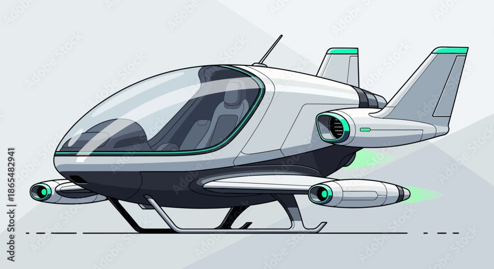 Fototapeta premium Futuristic personal aircraft hovering, concept of future transport.
