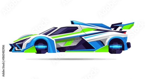 A vibrant futuristic race car vector illustration isolated on white background.