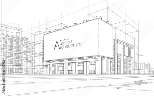 Imaginative abstract architectural construction outline drawing highlighted by a billboard mockup design.
