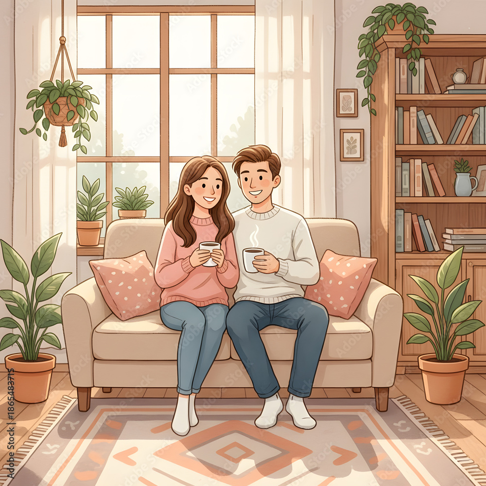 Obraz premium Young couple relaxing on a sofa with coffee in a cozy living room