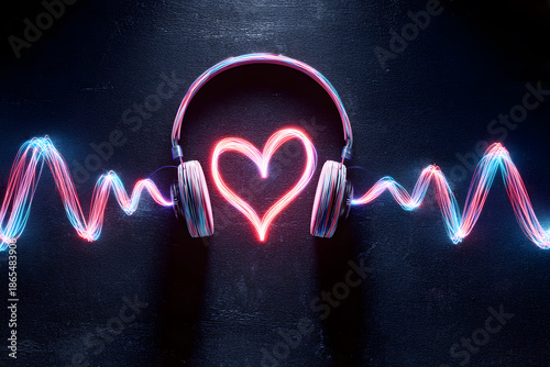 Headphones and sound waves create a heart shape with colorful lights in a dark setting during night