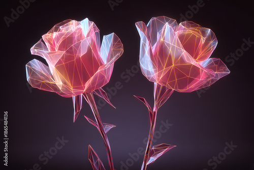 Two digital flowers with glowing edges in a dark background showing geometric shapes and lines