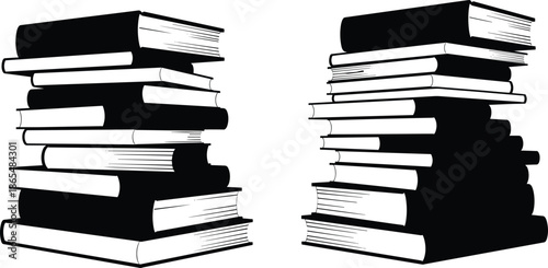 Stacked books silhouette illustration, academic knowledge concept with piled textbooks and novels, education learning library theme, minimal black and white vector design