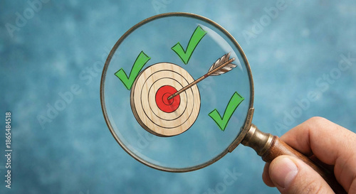 Target arrow magnifying glass check mark accuracy precision focus goal magnifying glass framing wooden target with arrow center and green check mark around symbolizing accuracy precision focus