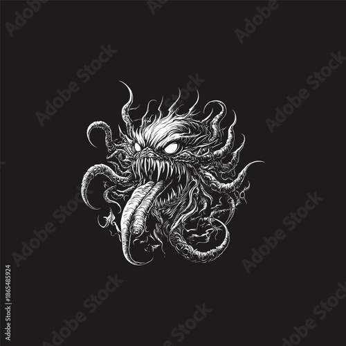 Angry monster head with long tongue and sharp teeth, gold engraving style of a demonic creature on black background.