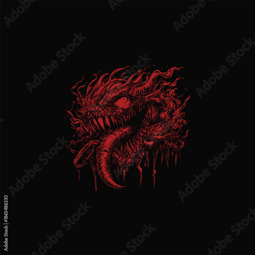 Angry monster head with long tongue and sharp teeth, gold engraving style of a demonic creature on black background.