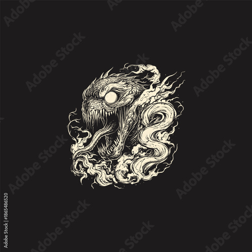 Angry monster head with long tongue and sharp teeth, gold engraving style of a demonic creature on black background.