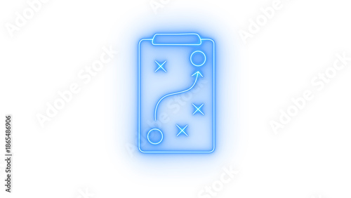 Vibrant neon line icon illustration depicting a strategic business plan on a clipboard, highlighting goal achievement and execution success, isolated on transparent background.