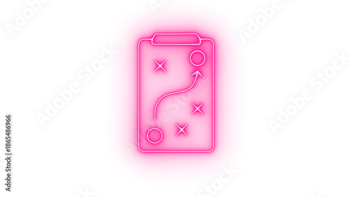 A vibrant neon outline icon depicting a strategic game plan or business tactics on a clipboard with arrows and markers, representing success, isolated on transparent background.