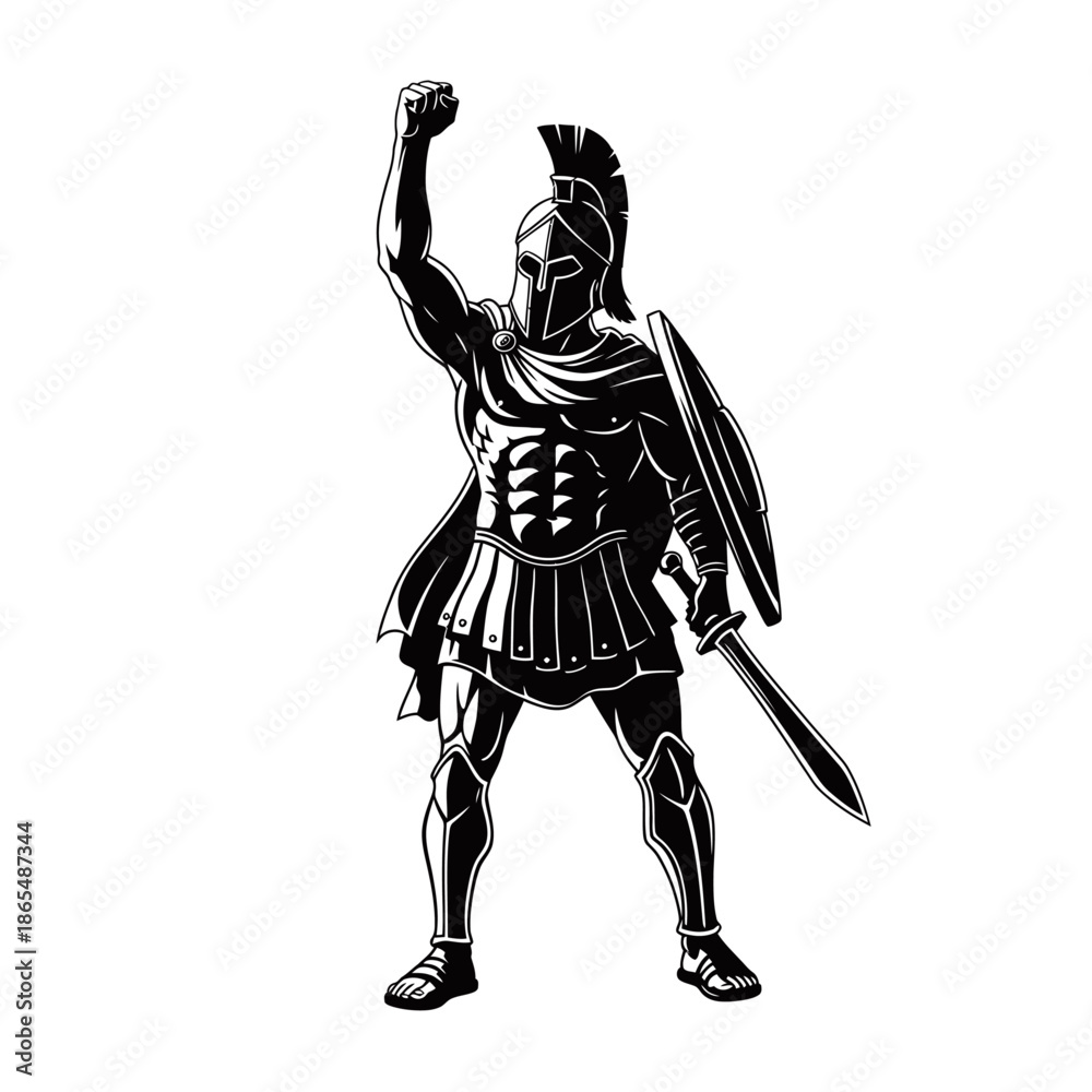 Fototapeta premium Black and white illustration of a powerful Spartan warrior in full armor, raising a fist triumphantly with a shield and sword.