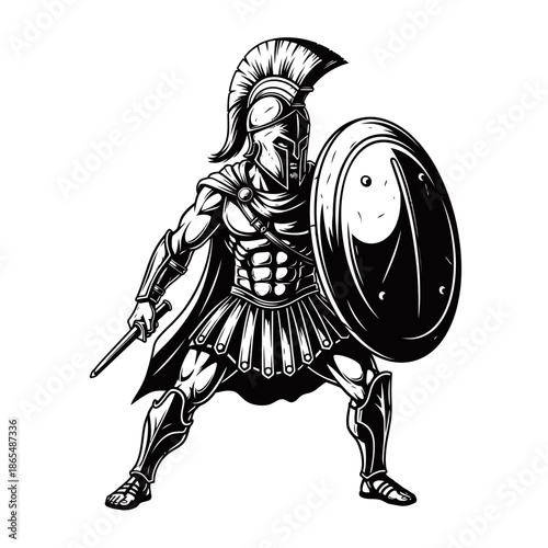 Powerful black and white illustration of a Spartan warrior in full battle armor, holding a shield and sword.