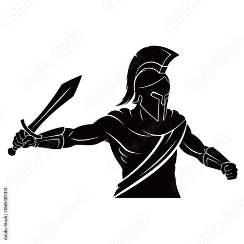 A black silhouette of a Spartan warrior in full armor, holding a sword and shield, ready for battle.