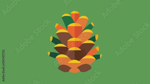 A stylized, colorful illustration of a pine cone against a solid green background.